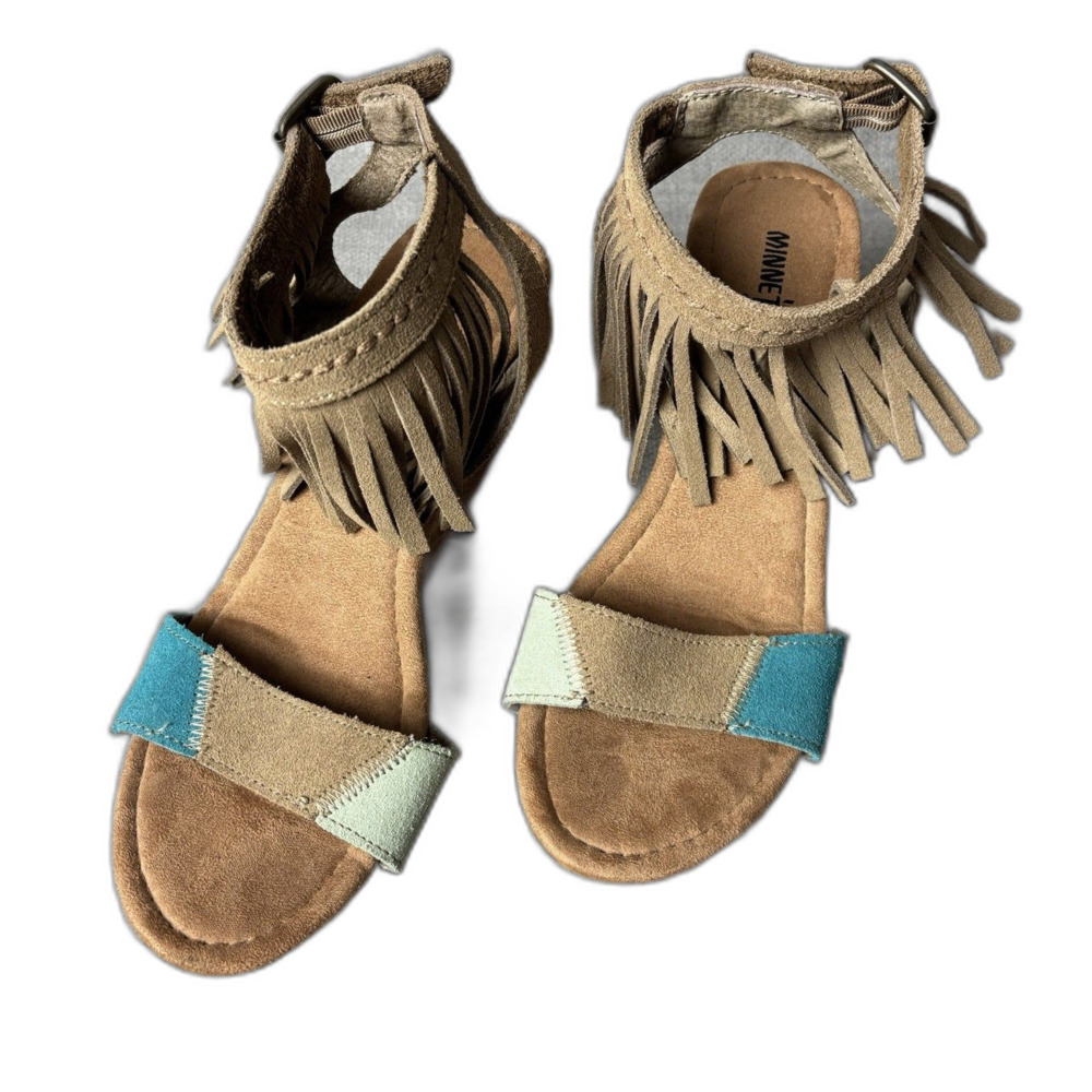 Minnetonka Fringe Tan Aqua Ankle Strap Wedge Sandals Sz 7